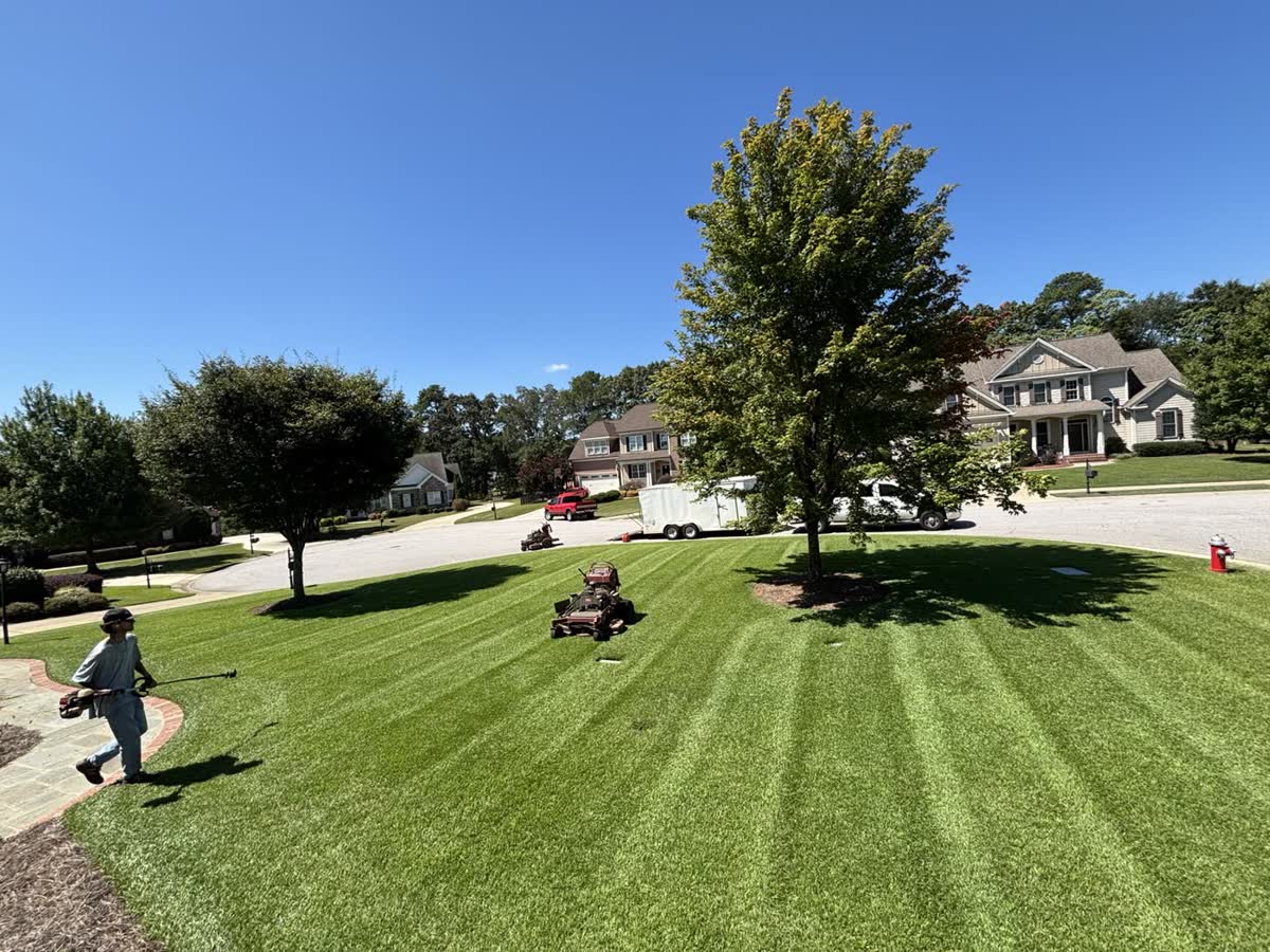 Lawn maintenance in progress with clean mowing lines by Envision Landscaping