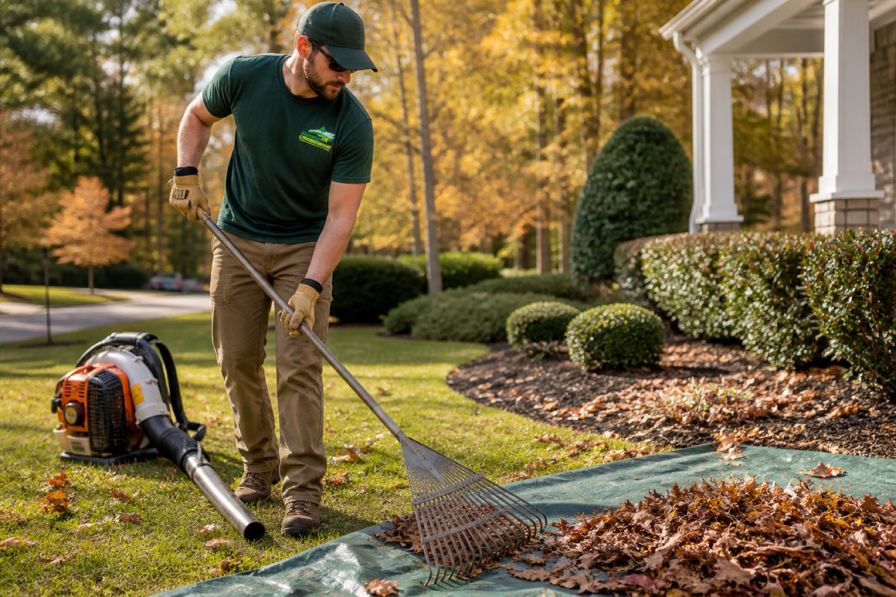 Envision crew member gathering leaves during a seasonal yard cleanup