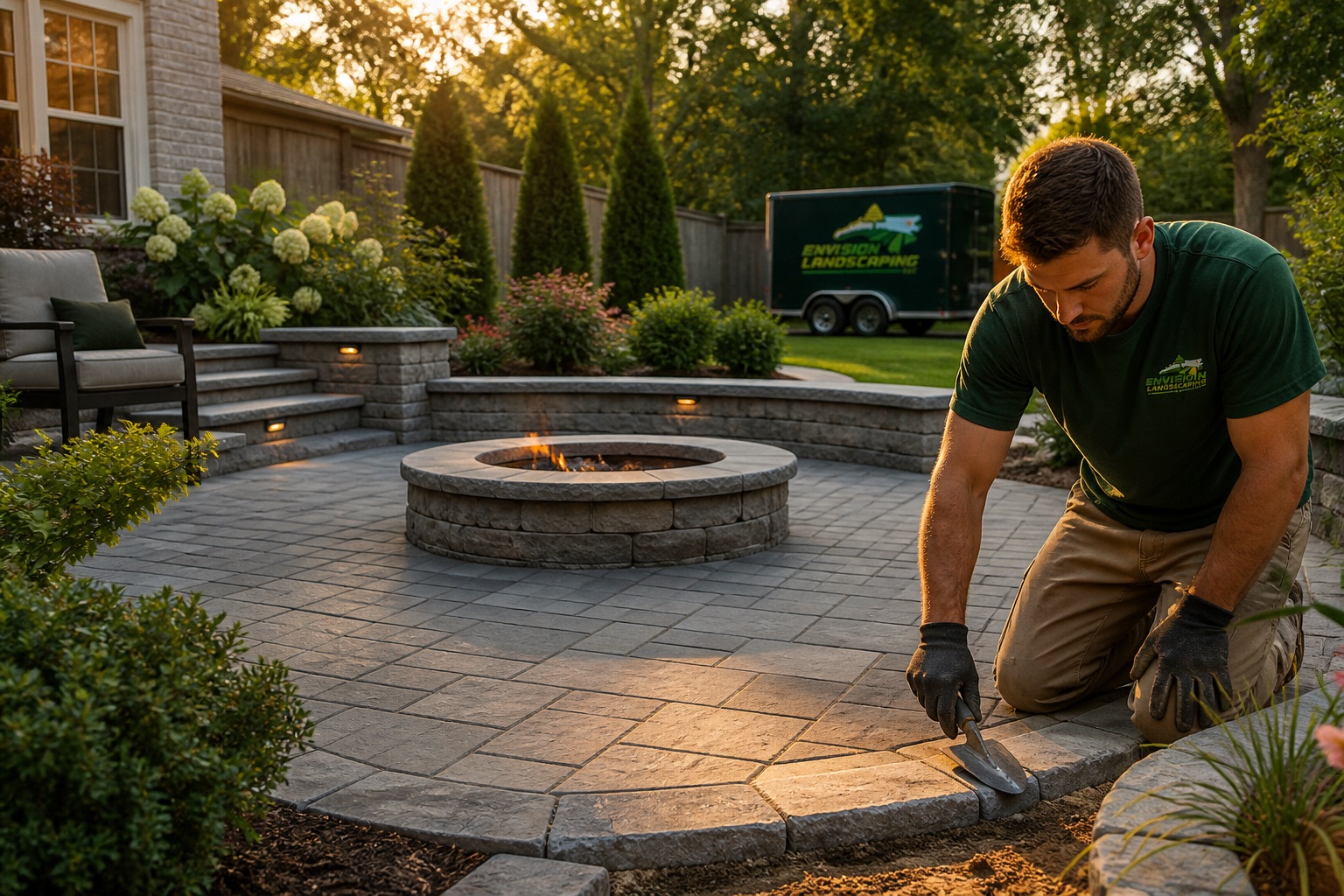 Finished paver patio and fire pit with an Envision landscaper