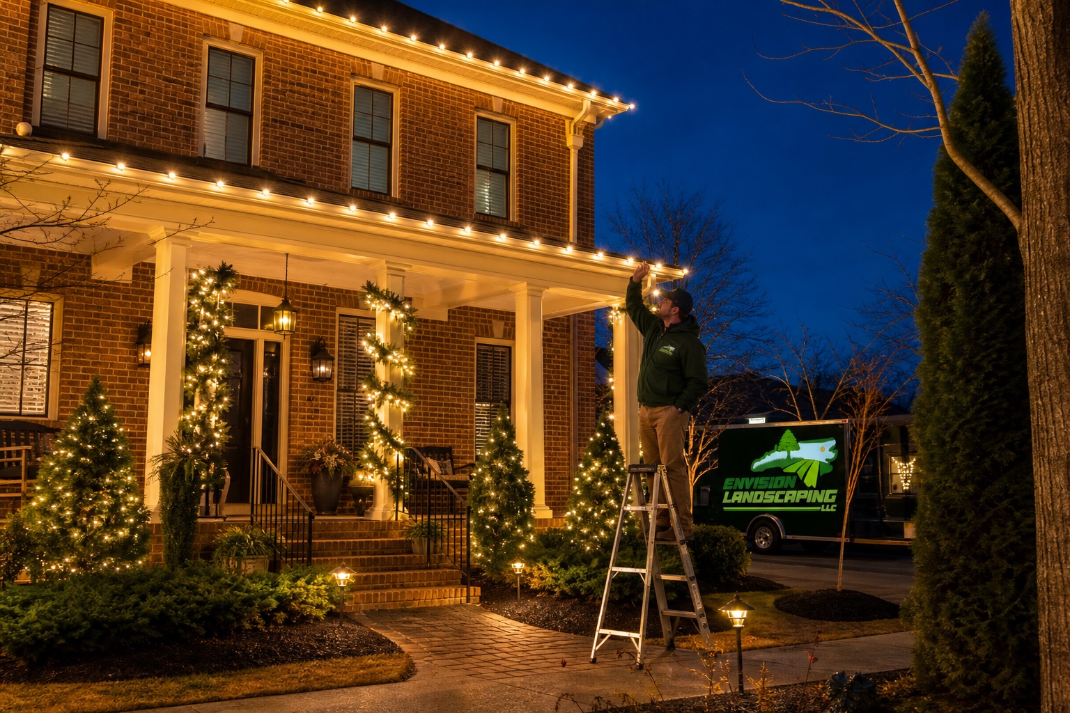 Envision holiday-lighting installation at a brick home