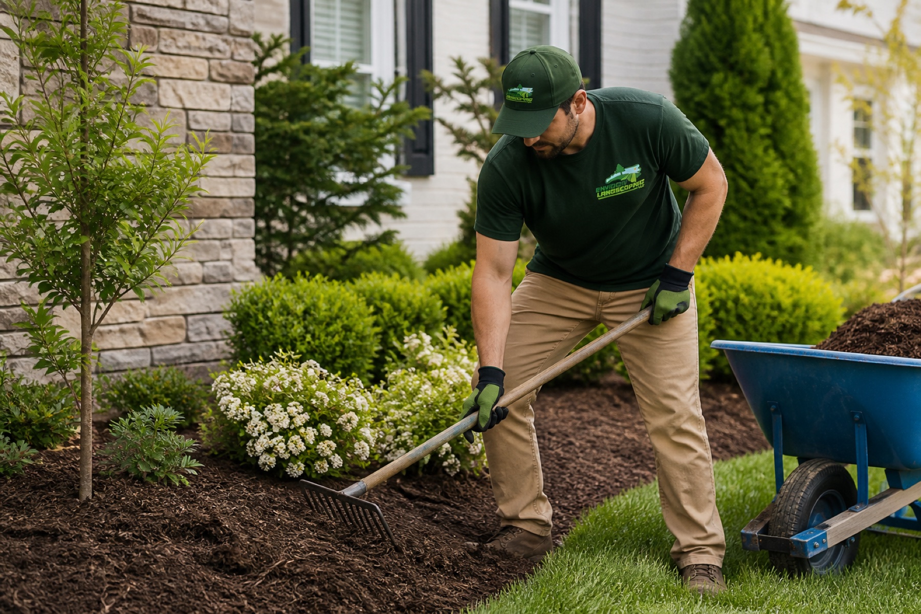 Envision worker cleaning and refreshing a garden bed